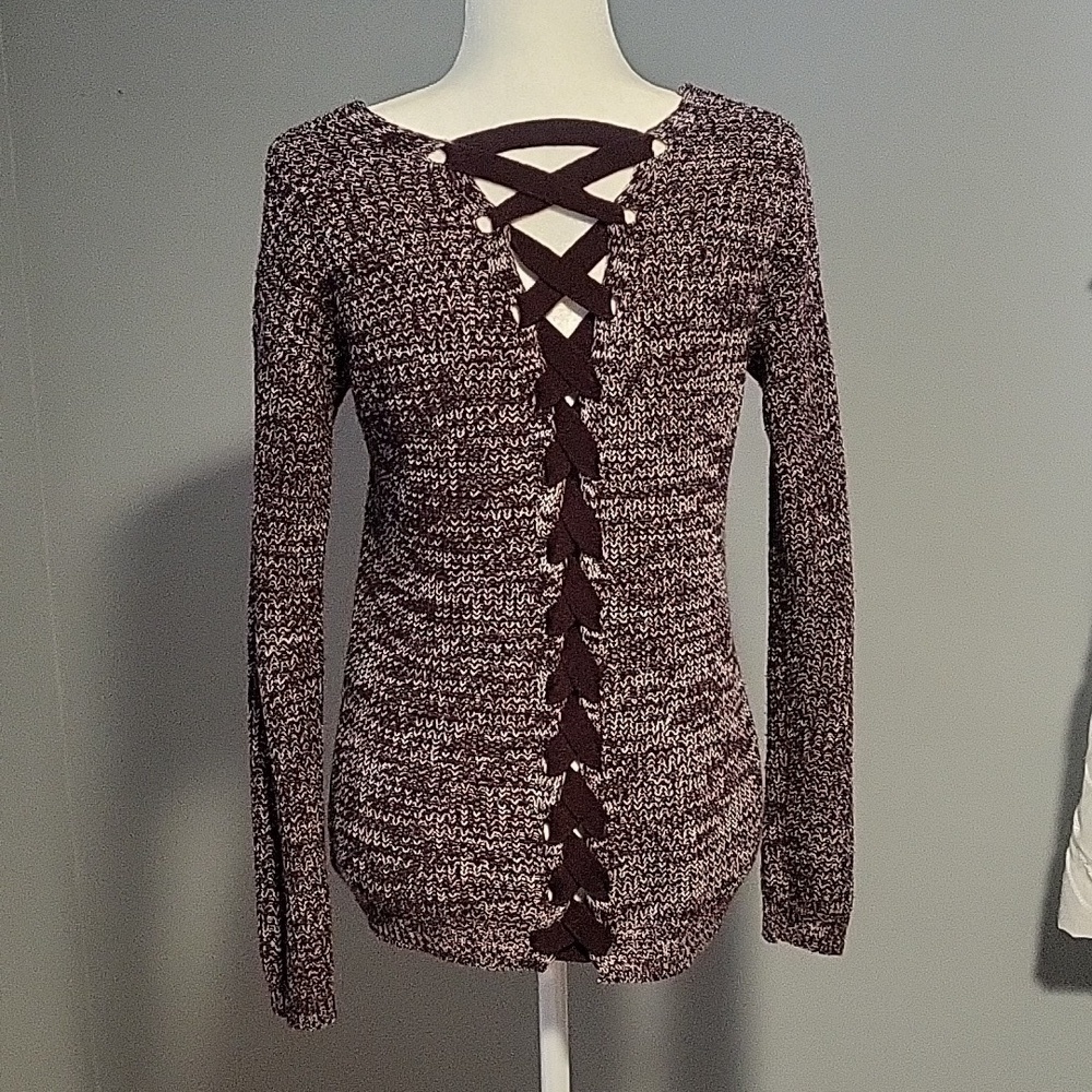 SO V-Neck Lace-Up Back Detail Maroon and White Sweater - Size XS